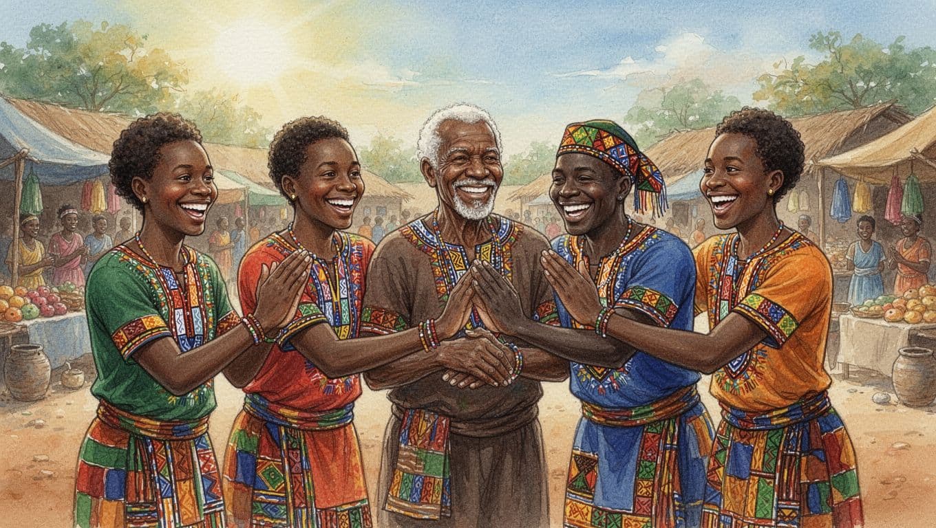 Group of five smiling Africans in colorful traditional West and Southern African attire gathered in a vibrant village market square, greeting central elder with hand clasps, brief hugs, and communal claps under sunny sky, watercolor style.