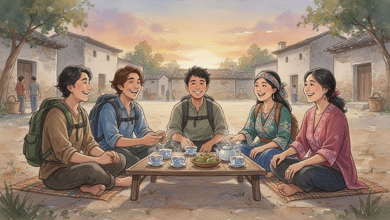 Three travelers and three locals sit relaxed around a low table in a village square, sharing tea with smiles and harmonious conversation under soft sunset lighting. Watercolor style features blended earth tones, visible brush textures, and wide composition capturing cultural harmony.