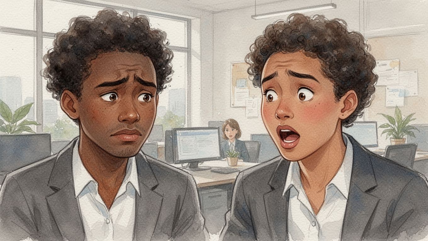 Two diverse coworkers in a modern office, one uncomfortable and the other surprised after an unintended offensive comment, rendered in watercolor style with soft blending and neutral warm tones.