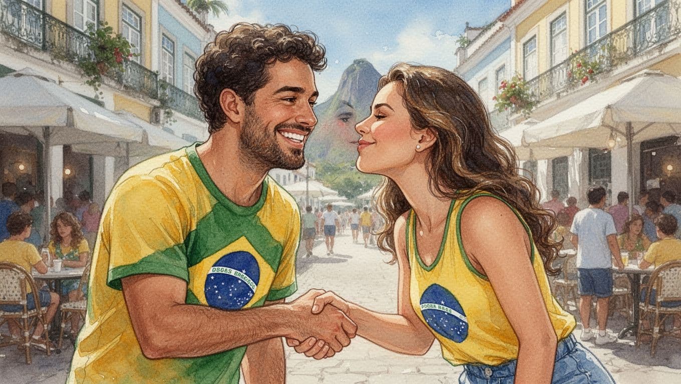 Two smiling Brazilians in casual summer clothes transition from a firm handshake with eye contact to a gentle single cheek kiss, set in a sunny blurred Rio de Janeiro cafe street, watercolor style with soft blending.