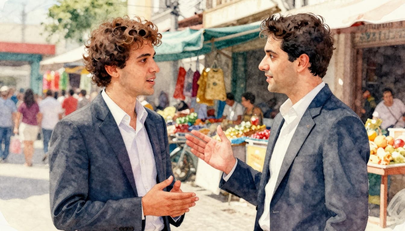 Watercolor artwork showing two people in business attire conversing closely face-to-face in a Brazilian street market, with soft blending, vibrant colors, and natural daylight to illustrate friendly personal space norms.