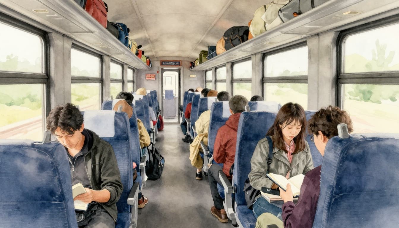 Watercolor style illustration depicting two quiet travelers in a European train car, with minimal light luggage overhead, reading or gazing out the window from an aisle view, soft blended tones and diffused daylight.
