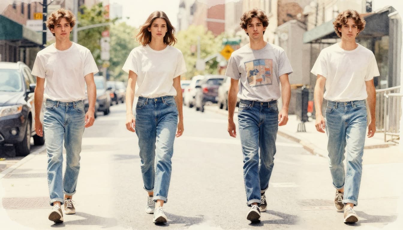 A single young adult wearing raw denim jeans, graphic t-shirt, and comfortable sneakers walks casually on a sunny urban street in New York, rendered in watercolor style with soft blending, visible brush texture, and warm earthy tones.