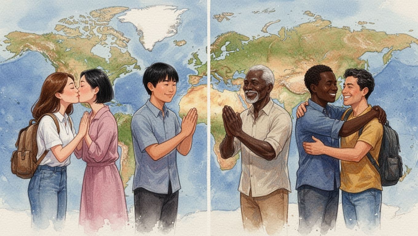 Diverse group of four travelers correctly performing cultural greetings—European cheek kiss, Asian bow, African hand clap to elder, Latin American hug—in a split composition on a watercolor world map background with soft blending, brush textures, and warm lighting.