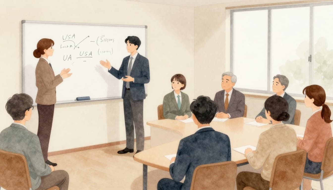 Split-scene watercolor illustration depicting direct, open discussion (USA/German style, left) versus indirect, harmonious group listening (Japan/South Korea style, right) in conference rooms with six professionals total.
