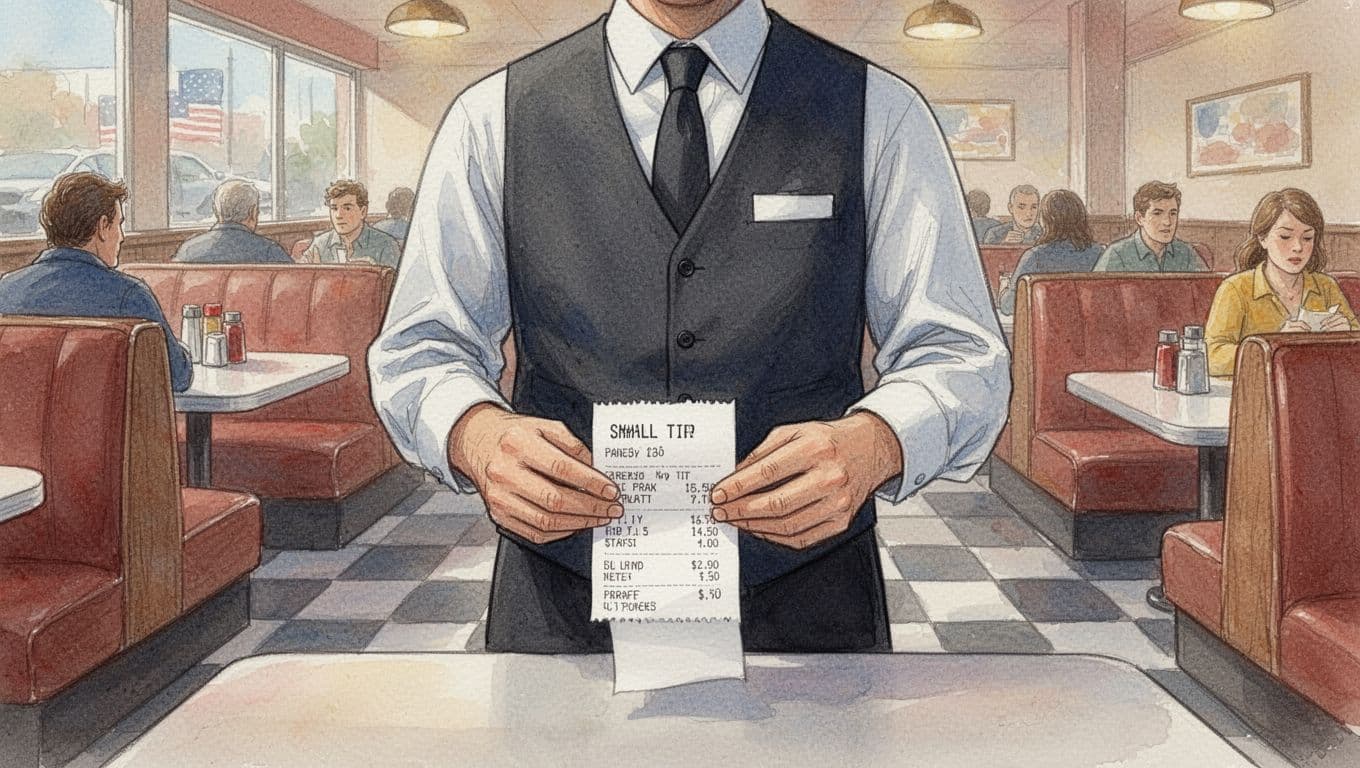 A waiter in a busy American diner holds a receipt showing a small tip, with a mild expression of disappointment, in a watercolor style featuring soft blending, visible brush textures, and warm earth tones.