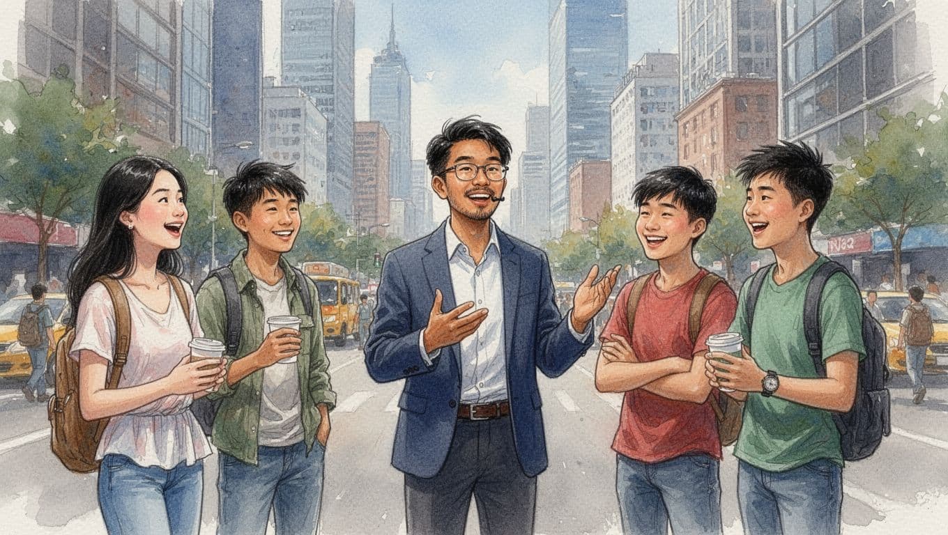 A diverse group of exactly three young Asian people in a busy urban city street with skyscrapers: one Indian entrepreneur confidently pitching an idea, a Chinese youth chatting casually, all in relaxed poses, rendered in watercolor style with soft blending and visible brush texture under natural daylight.