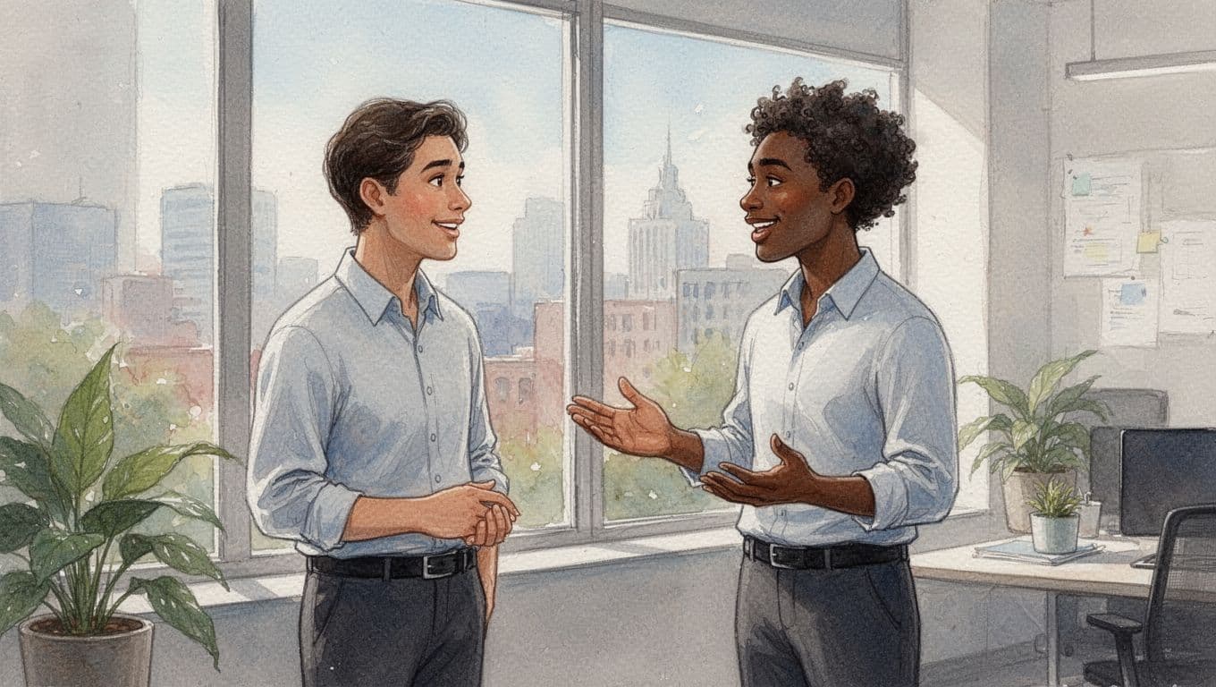 Two coworkers from diverse backgrounds stand by a window in a modern office, one speaking with a hand gesture while the other listens attentively, captured in watercolor style with soft blending, brush texture, and neutral warm tones.