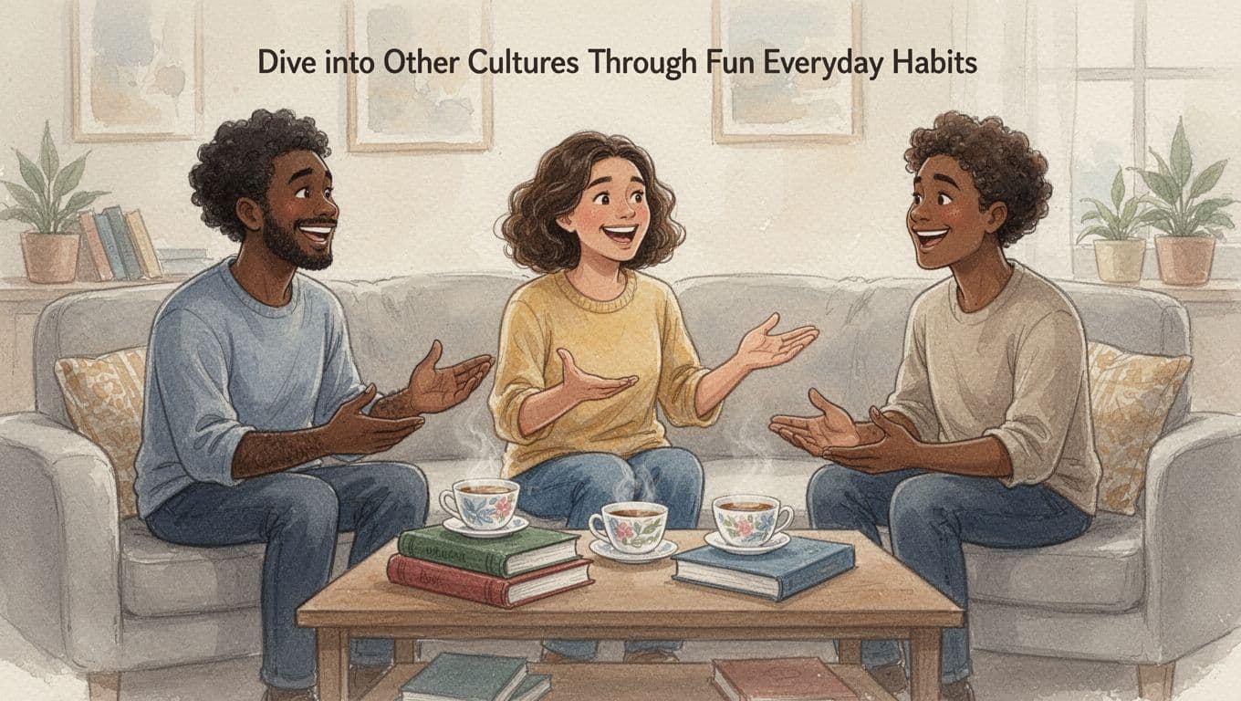 A diverse group of three people in a cozy living room around a coffee table with books and tea cups, engaged in lively cultural conversation, smiling and gesturing naturally in watercolor style with warm ambient lighting.