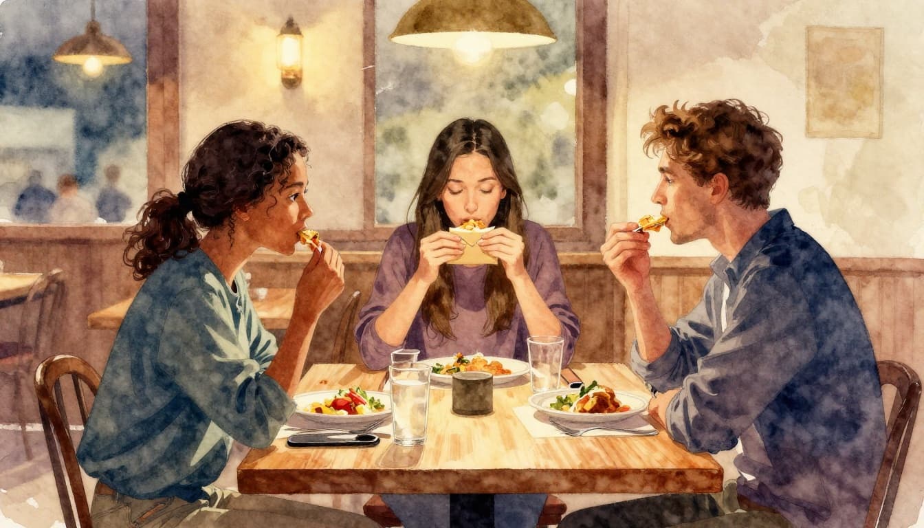 Diverse diners at a casual international restaurant table politely eating with a small tip envelope nearby, in a cozy setting with warm ambient lighting and evening glow, overhead watercolor composition.