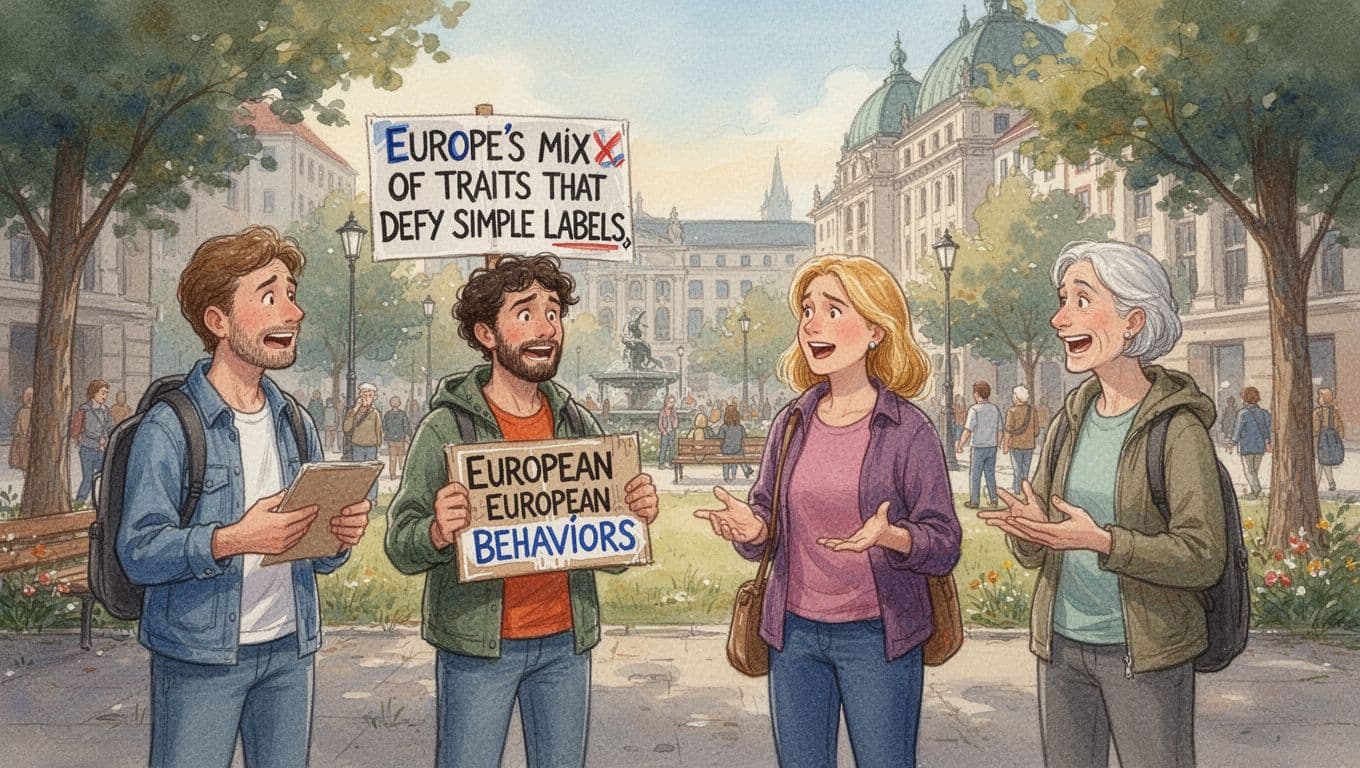 Watercolor-style image of exactly four Europeans in a Berlin urban park street scene: one holding a relaxed protest sign, others of diverse ages chatting casually, with soft afternoon light, blended brush textures, and varied emotional expressions.