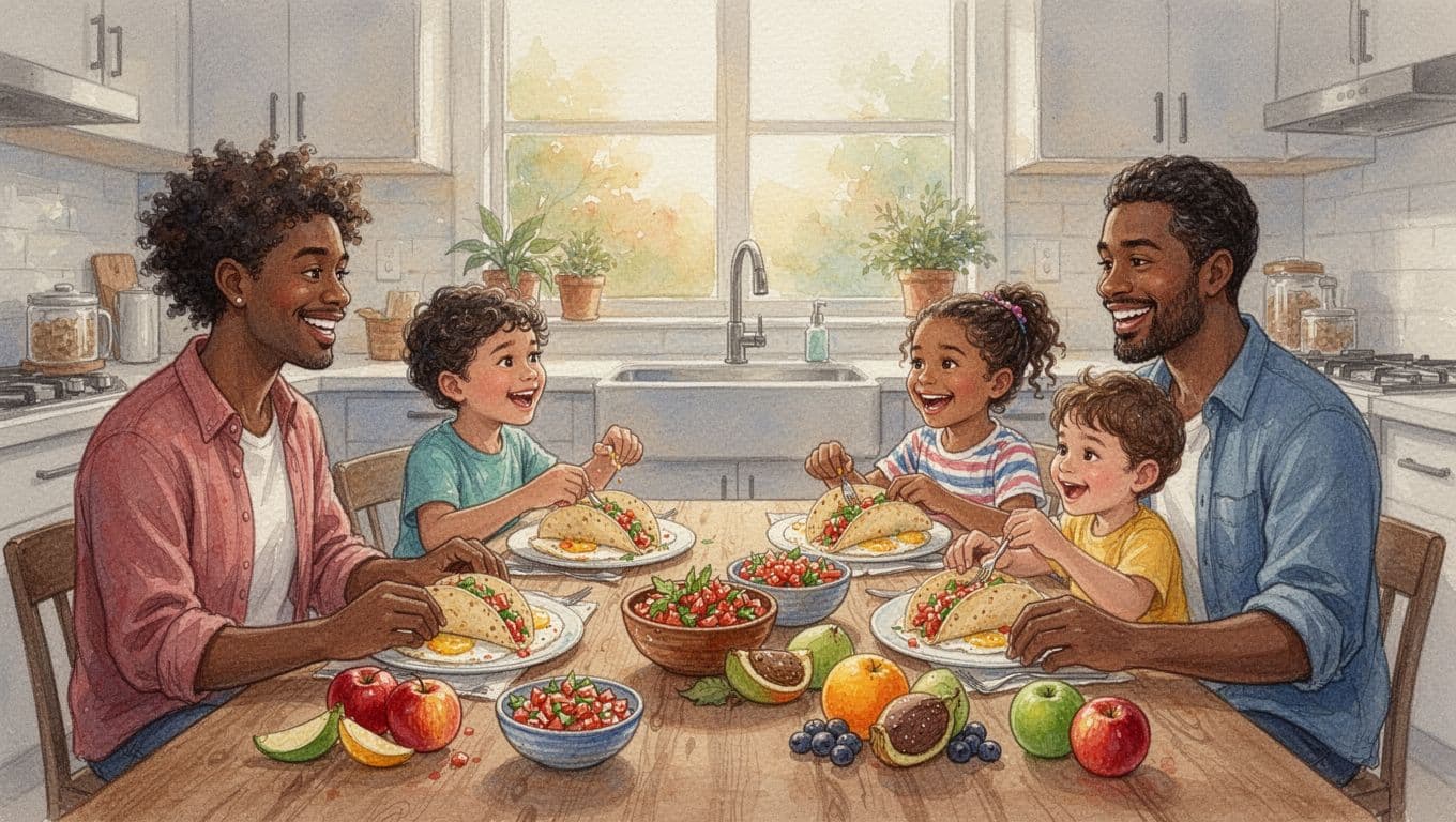 A diverse family of two adults and two children sits around a wooden table in a cozy modern kitchen, eating breakfast tacos with fresh salsa and fruits under warm morning light, captured in watercolor style with soft blending and brush textures.