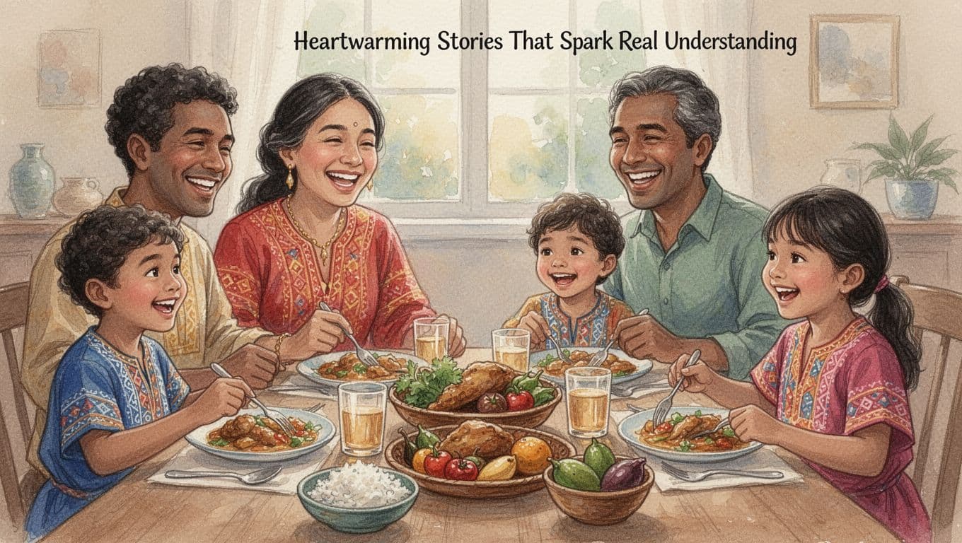 A diverse family of four—two adults and two children—gathered around a dinner table enjoying a traditional cultural meal in a warm home interior, captured in watercolor style with soft blending and brush textures, close-up on joyful faces and food.