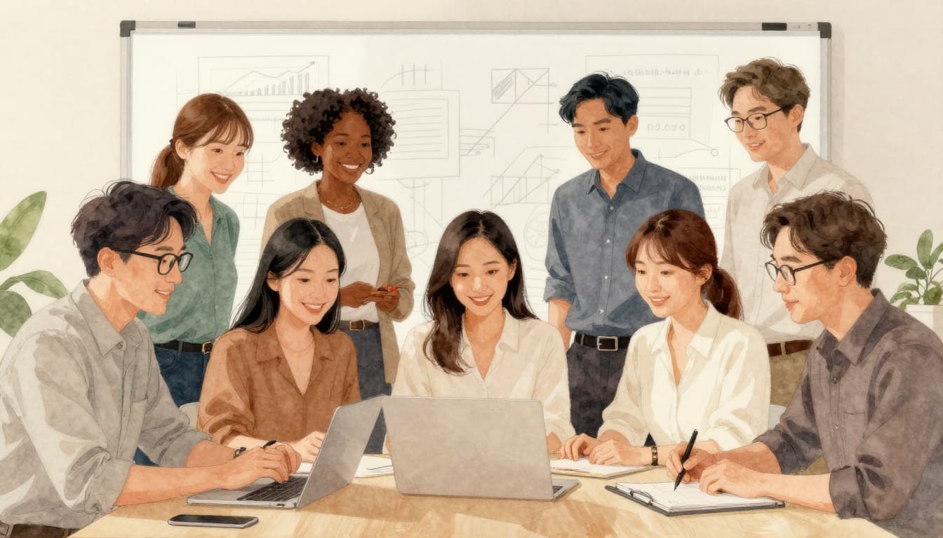 Watercolor illustration of seven professionals from USA, Sweden, and China collaborating energetically yet harmoniously in a modern office around a shared digital board, mixing bold ideas and steady plans with soft blending, brush texture, warm earth tones, and dynamic lighting.