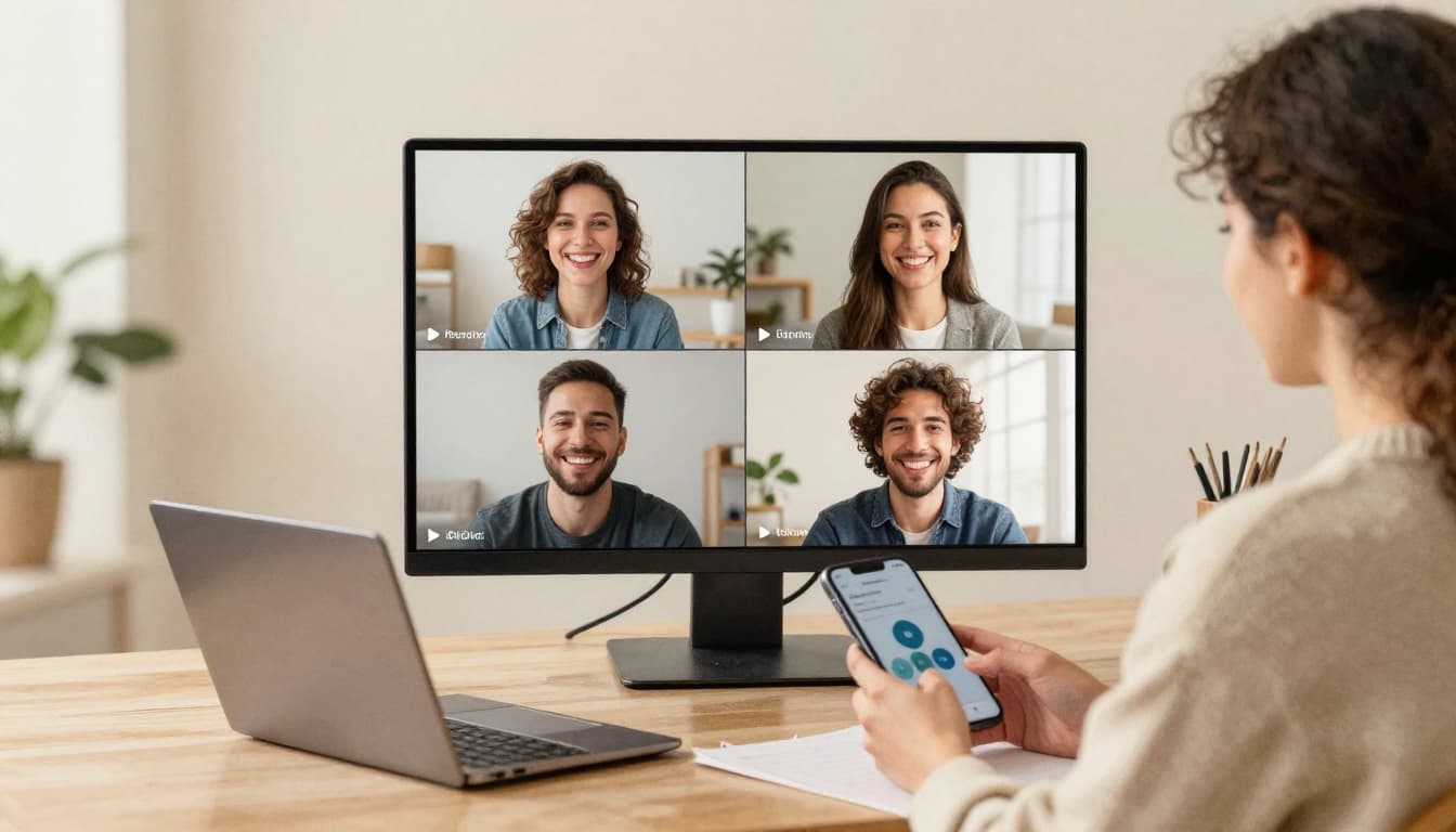 Diverse professionals use an AI translation app on a smartphone during an international video call, with empathetic smiles adding a human touch in a modern home office setup. Watercolor style features soft blending, visible brush texture, pale beige background, and soft natural lighting.