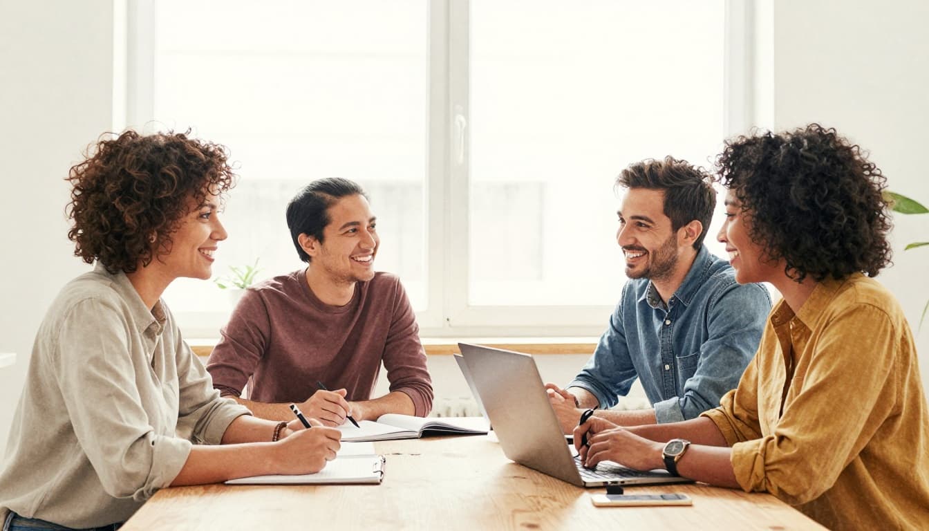 Group of four diverse professionals from different ethnic backgrounds happily collaborating around a wooden table in a bright modern office, rendered in watercolor style with soft blending and pastel palette.