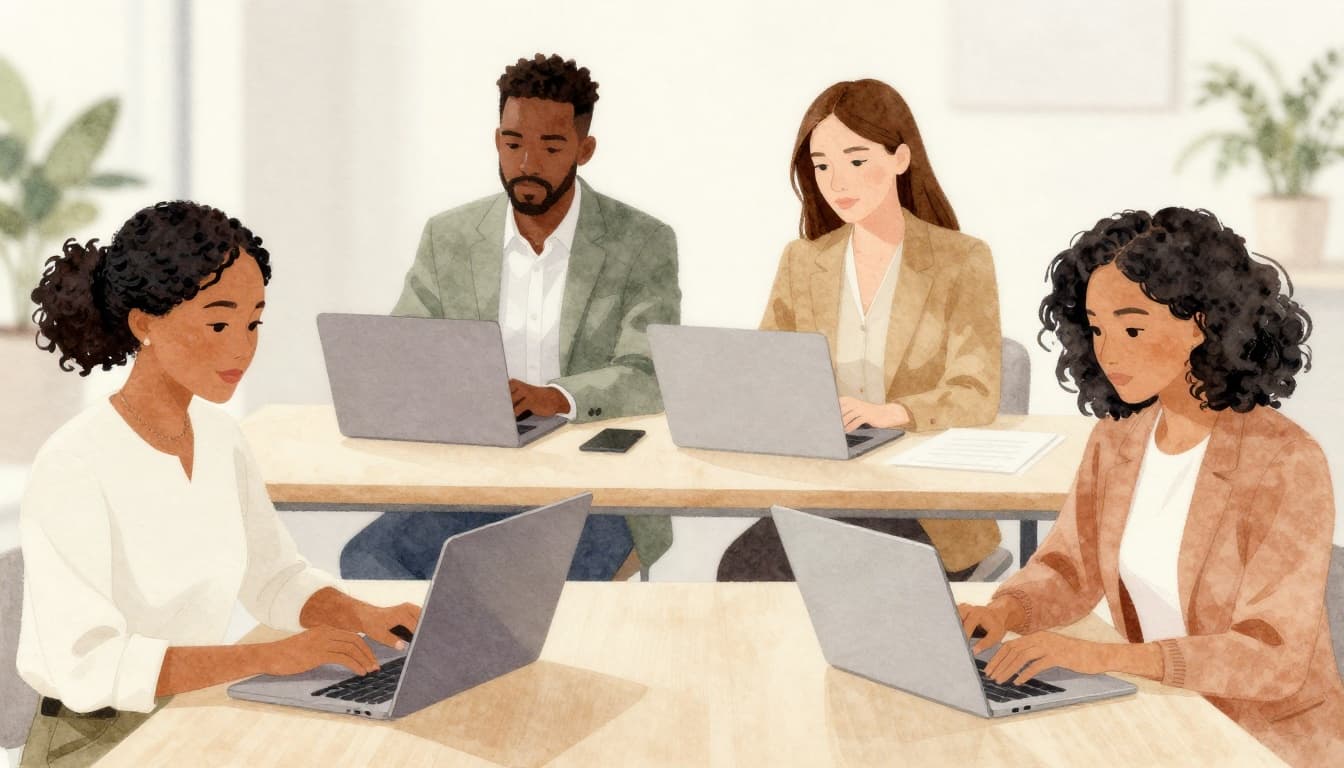 A diverse group of four professionals collaboratively reviews cultural notes on laptops in a bright conference room, captured in watercolor style with soft blending, visible brush texture, and warm neutral tones.