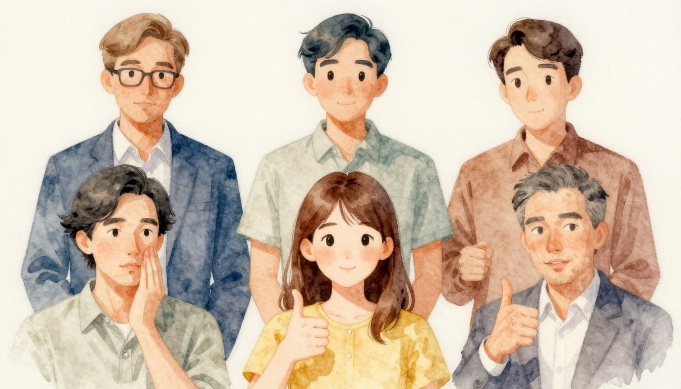 Watercolor illustration of three professionals from different cultures in a meeting room, one nodding, another giving thumbs up, and the third maintaining eye contact, highlighting subtle gesture variations. Soft blending, visible brush texture, neutral background, warm lighting, focusing on upper bodies.