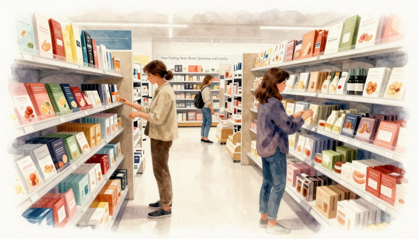 Three diverse customers—two women and one man—joyfully select products from culturally inspired brands in a modern retail store, captured in a wide watercolor composition with soft blending, visible brush textures, and warm lighting.