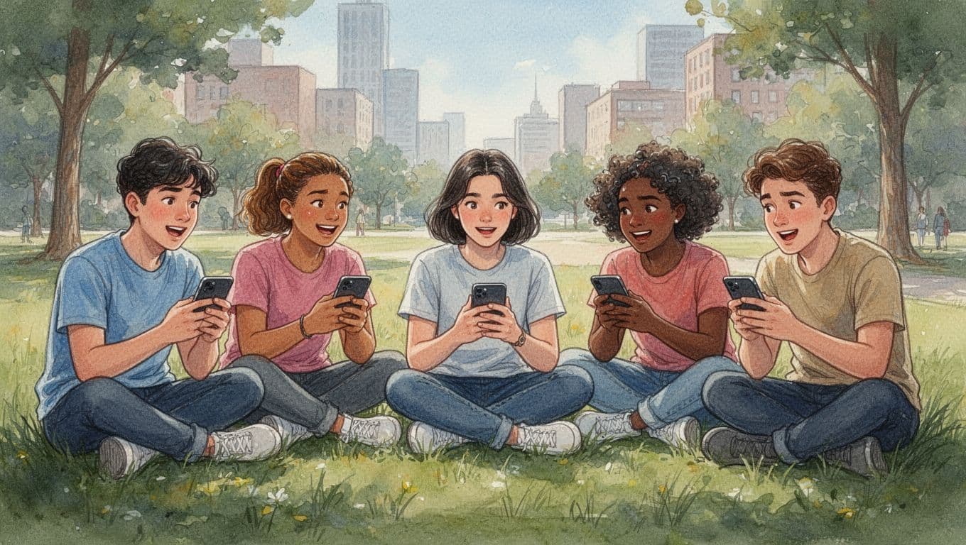 Five diverse young adults sit on grass in a daytime urban park, focused on their phones displaying a viral cultural stereotype clip, rendered in watercolor style with soft blending and brush textures.