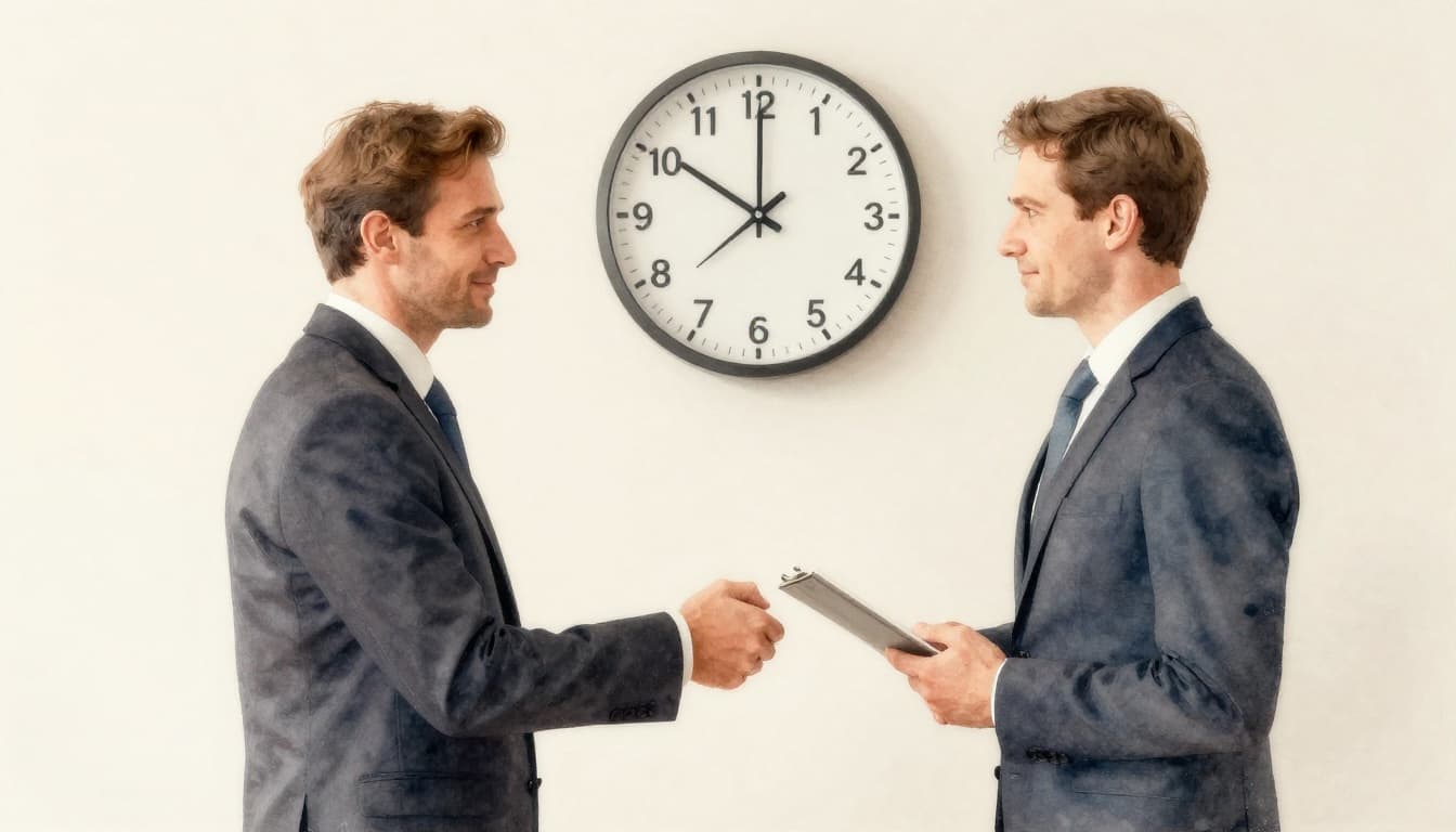 Two European business professionals in a modern office share a punctual handshake at the exact time indicated by a visible clock, featuring polite direct eye contact, in watercolor style with soft blending and brush texture on a pale beige background.