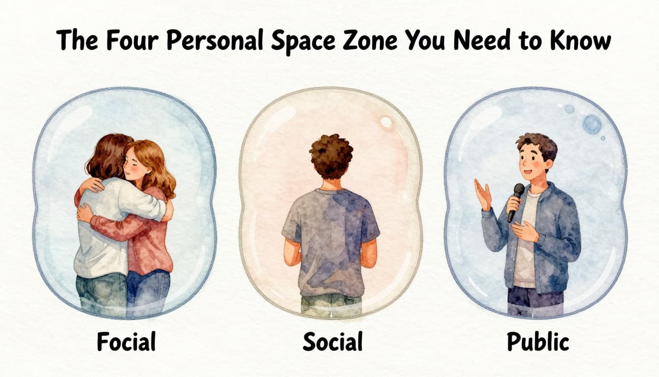 Watercolor style illustration of four concentric bubbles around one central person representing personal space zones: innermost intimate with close family hug, next personal with friend chatting, then social with colleague at arm's length, outermost public for crowd speaking. Soft blending, visible brush texture, neutral background.