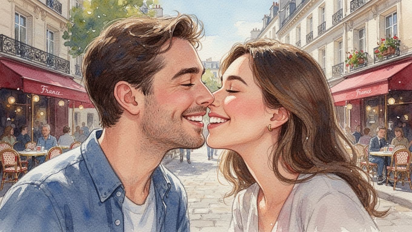 Two smiling friends, a man and a woman, exchange light cheek kisses on a sunny Parisian cafe street, captured in watercolor style with soft blending, visible brush texture, and warm daylight lighting.
