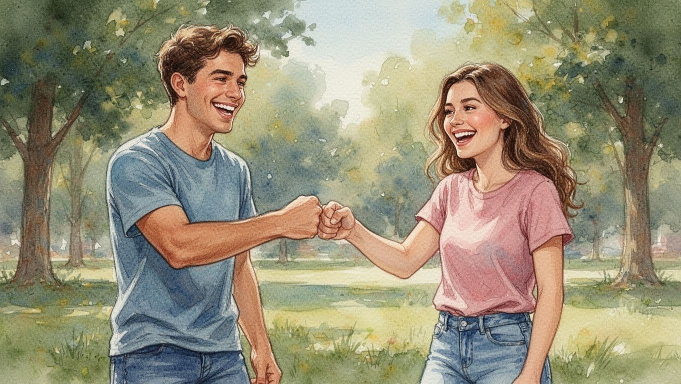 Two smiling young North American friends, one man and one woman in casual t-shirts and jeans, perform a relaxed fist bump with eye contact and joyful expressions in a sunny outdoor park with blurred green trees, in watercolor style.