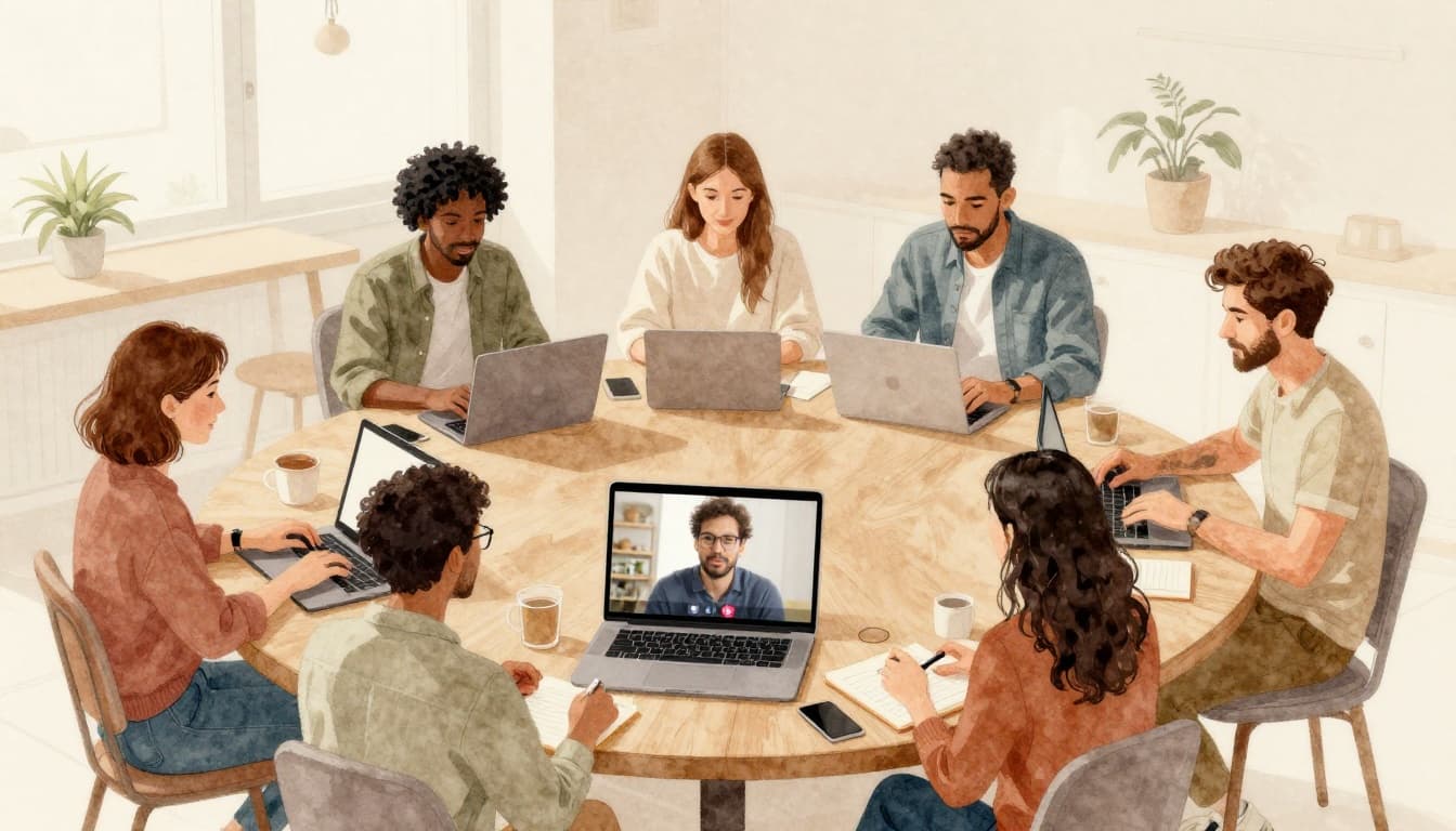 Diverse remote workers from Europe, Asia, and the US collaborate via video calls on laptops in home offices and cafes, depicted in watercolor style with warm earth tones and morning light.