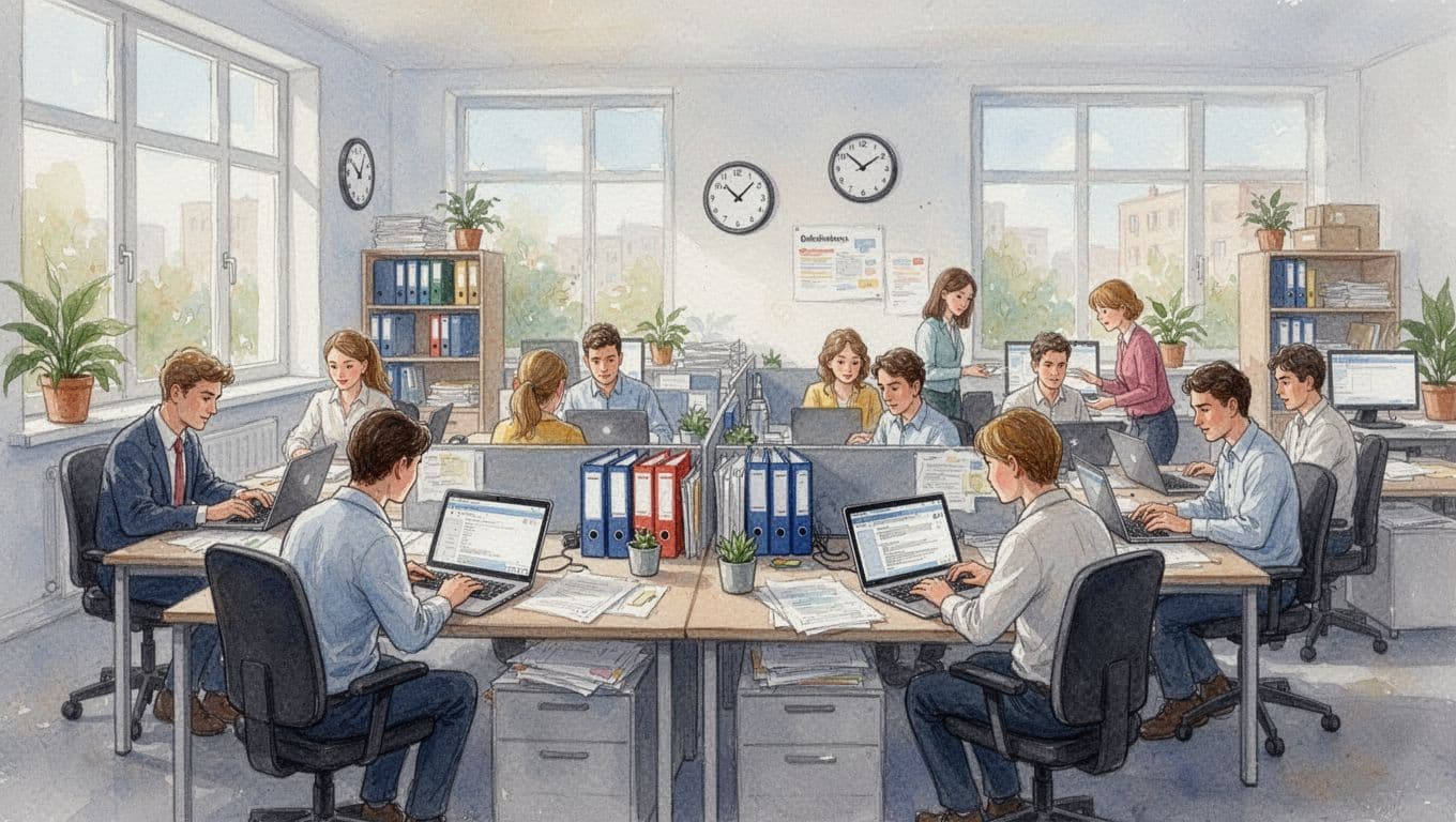 Watercolor depiction of a busy open office in punctual German work environment with eight focused workers at desks using laptops, clocks, organized files, and natural daylight from large windows showing collaboration.