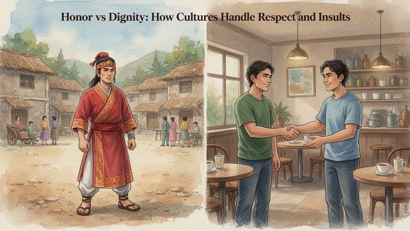Watercolor split scene: left side shows a person in traditional attire firmly defending reputation in a village square; right side depicts a person in casual clothes calmly shaking hands in forgiveness in a cozy cafe.
