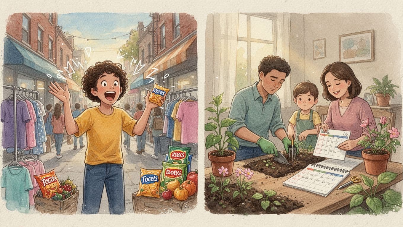 Watercolor landscape contrasting impulsive fast fashion and snack buying on a busy street with excited family gardening and calendar planning at home, in warm earth tones.