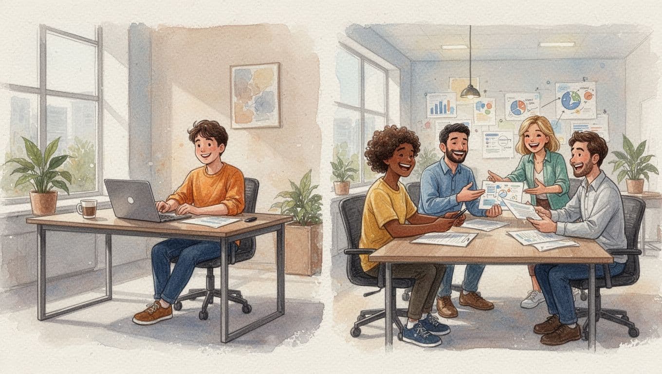 Watercolor split-view illustration: left side shows one person working solo at a modern desk with laptop and coffee; right side depicts four people happily collaborating around a conference table in a simple office setting.