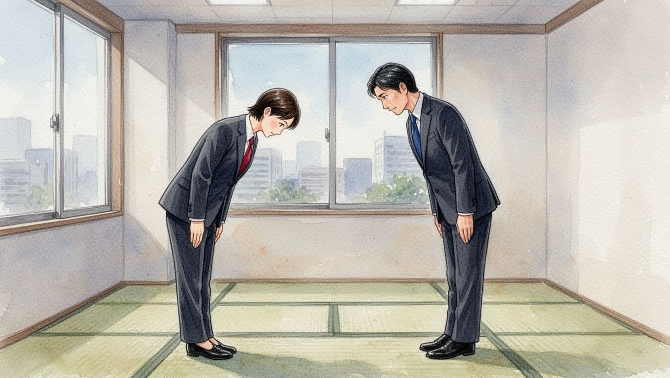 Two Japanese businesspeople in suits, one bowing at 15 degrees to an equal and the other at 45 degrees to a superior, in a modern office with tatami mat corner, watercolor style with soft blending and brush texture.