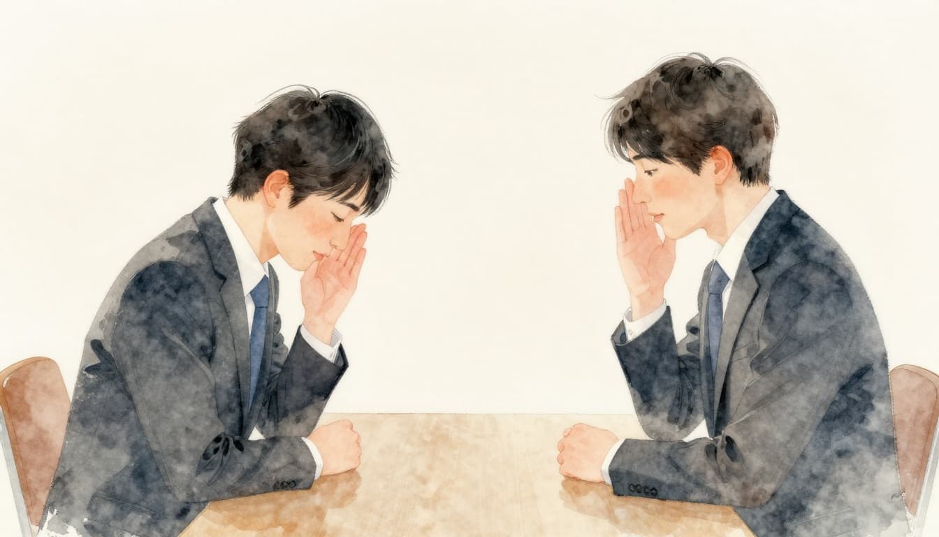 Two Japanese business professionals seated in a minimalist meeting room, one bowing slightly with a head nod while listening politely to an indirect suggestion, featuring subtle harmonious gestures in watercolor style with soft blending and brush texture.