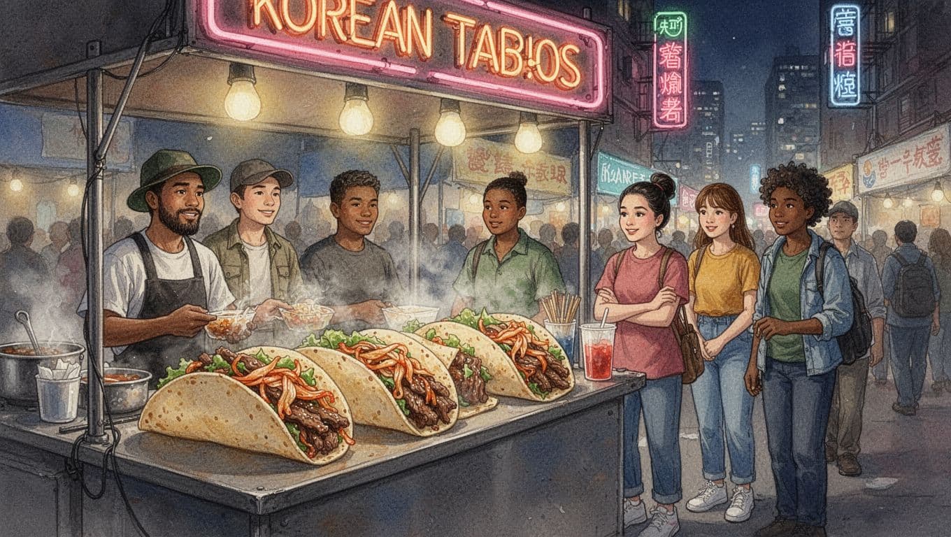Watercolor-style street food stall serving Korean tacos with kimchi and bulgogi, diverse customers waiting in line at urban night market, angled from customer view with vibrant colors, steaming food, neon and warm lights.