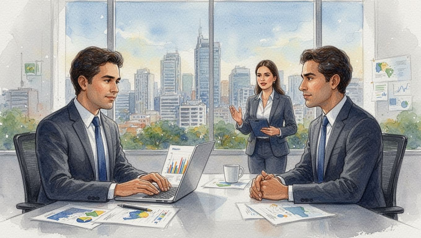 Two Latin American professionals in a modern Brazilian office with city skyline view; one calmly analyzing data, the other networking, in watercolor style with soft blending, brush textures, and bright lighting.