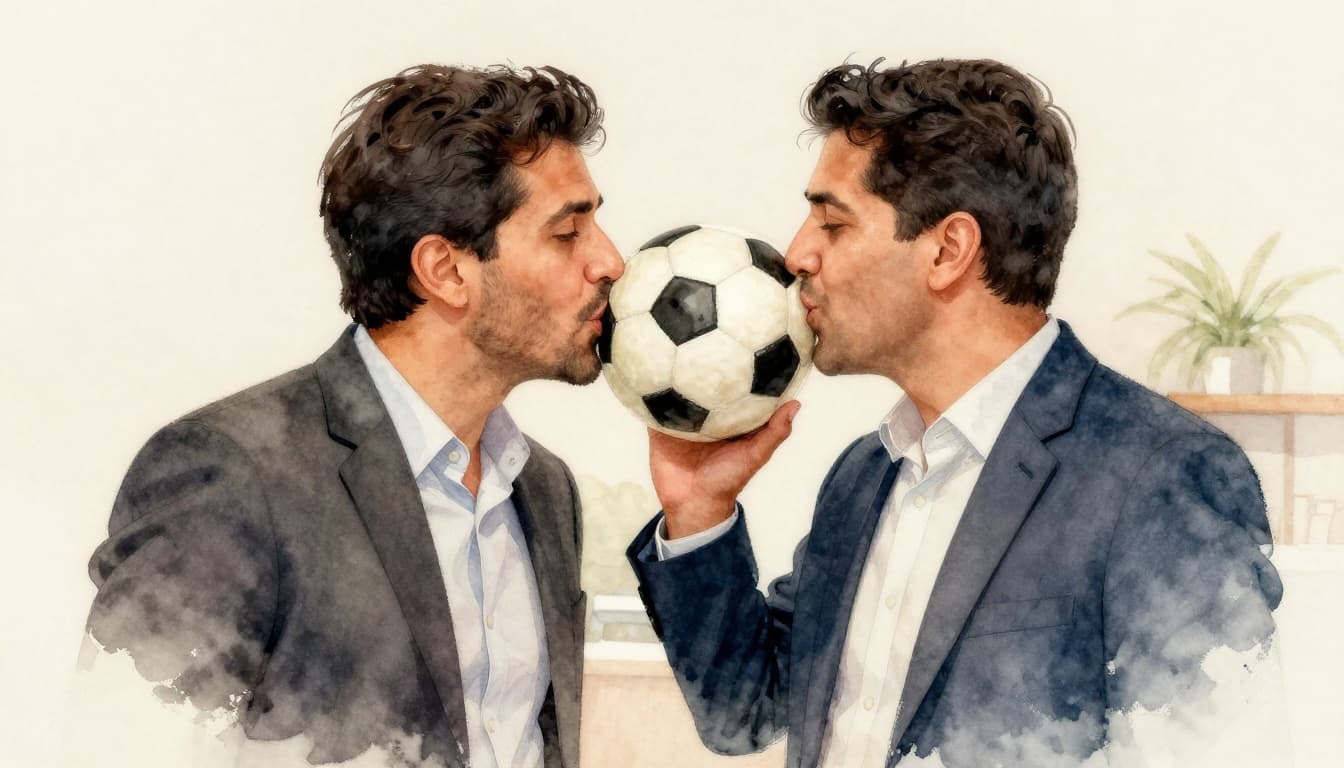 Two Latin American professionals exchange a warm cheek kiss greeting with close proximity, smiling in conversation about soccer in a vibrant office or cafe, captured in watercolor style with soft blending and brush textures on a pale beige background.
