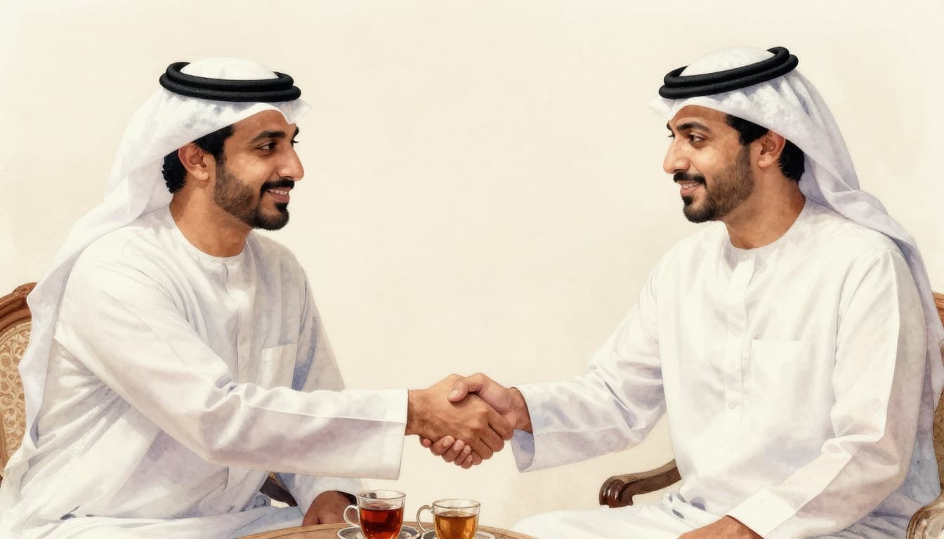 Two Middle Eastern businessmen build rapport by sharing tea and exchanging a polite right-hand handshake in a traditional setting before business talks, captured in watercolor style with soft blending, visible brush textures, pale beige background, and warm lighting.