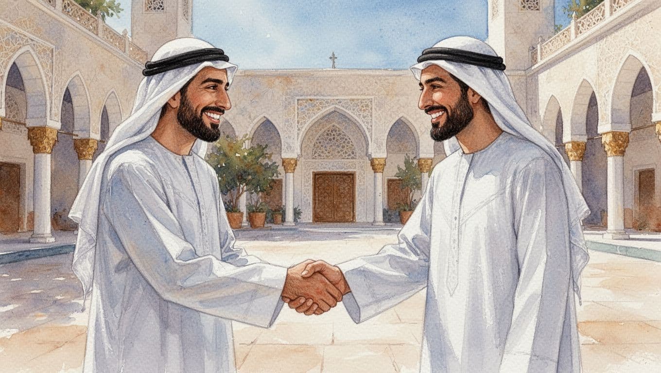 Two Middle Eastern men in traditional white thobes exchange a warm right-hand handshake during a salaam greeting, smiling at each other in a sunny mosque courtyard. Watercolor style features soft blending, visible brush texture, and warm daylight lighting, focused on upper bodies and clasped hands with exactly two people.