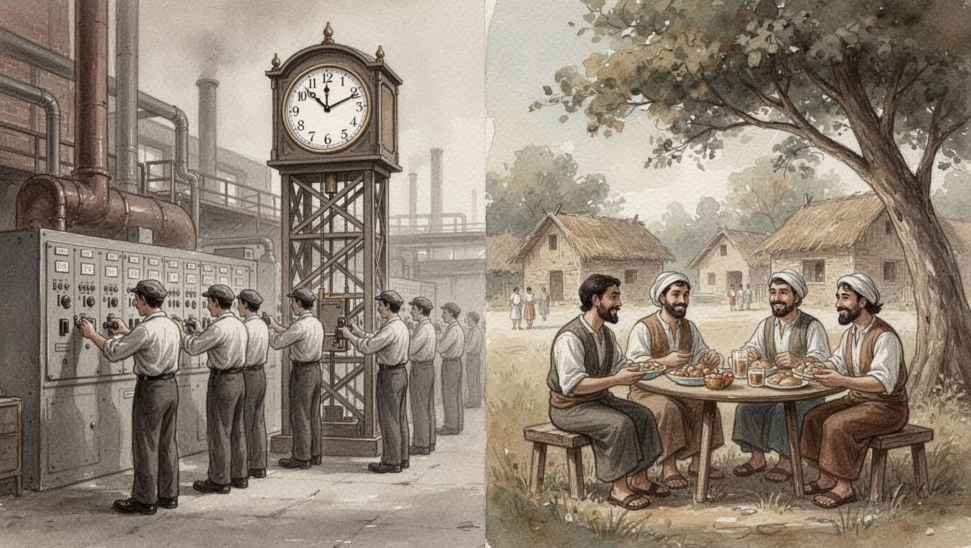 Split watercolor composition contrasts left-side industrial factory workers precisely synchronized to a clock tower with right-side relaxed villagers gathering under trees, ignoring time; sepia-toned with soft brush textures.