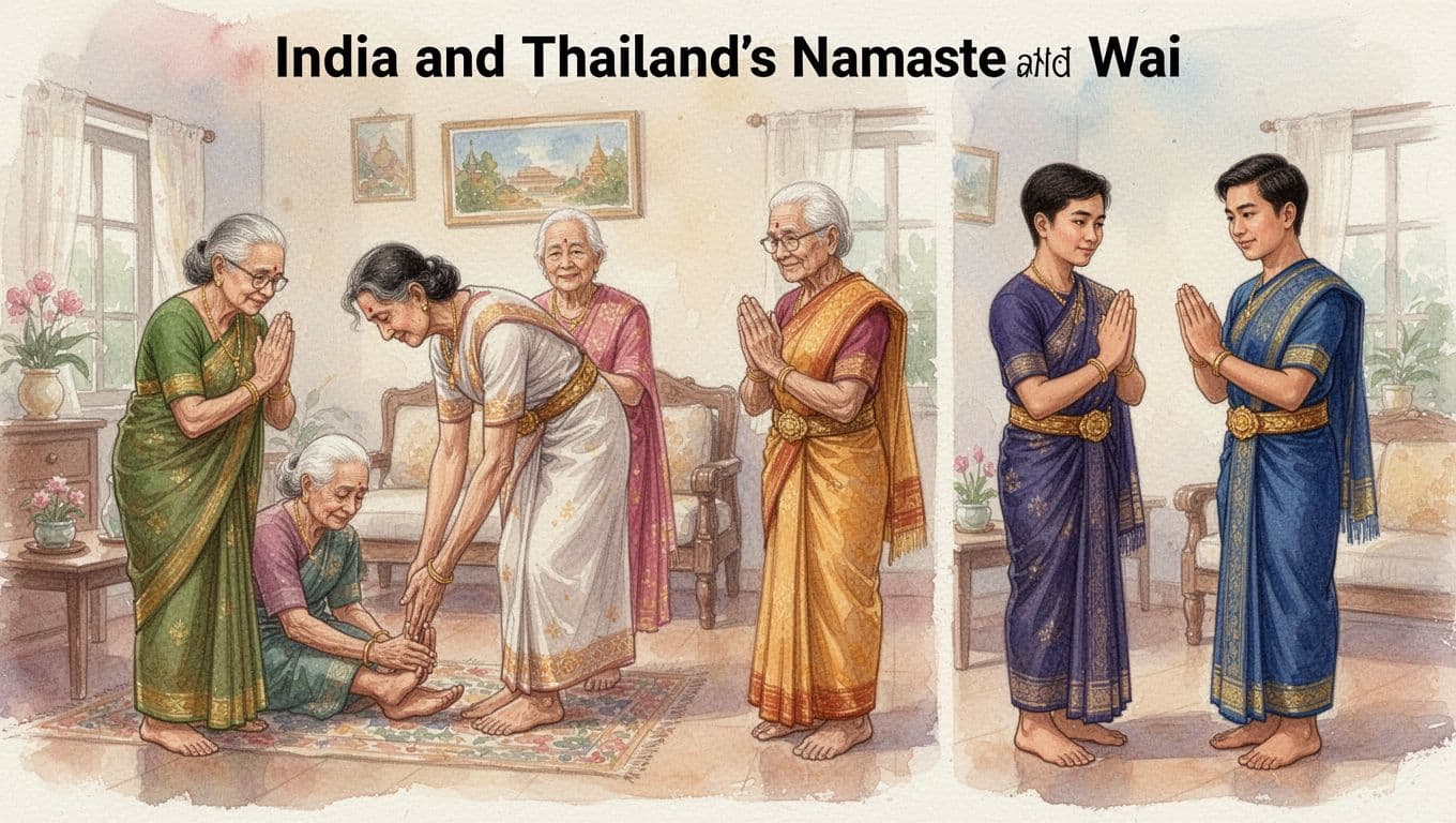 Indian namaste with palms together and feet-touching respect to elder in traditional home, paired with Thai wai gestures at varying levels to elder and peer, in split watercolor composition with soft blending and warm lighting.