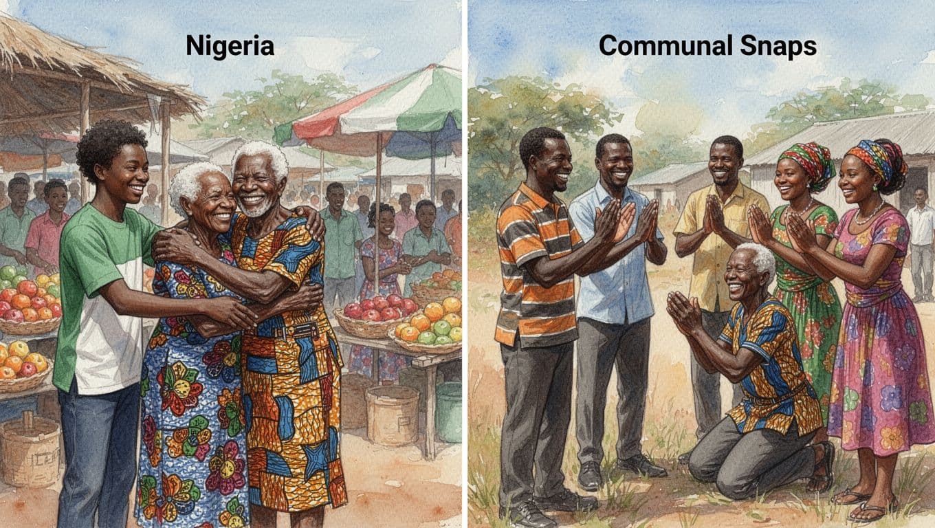 Split watercolor image: left, Nigerian youth clasp hands then hug colorful-attired elder in market; right, Zimbabweans handshake, men flat-palm clap, women angled clap with kneel to elder outdoors, joyful vibrant scene, six people, warm daylight.