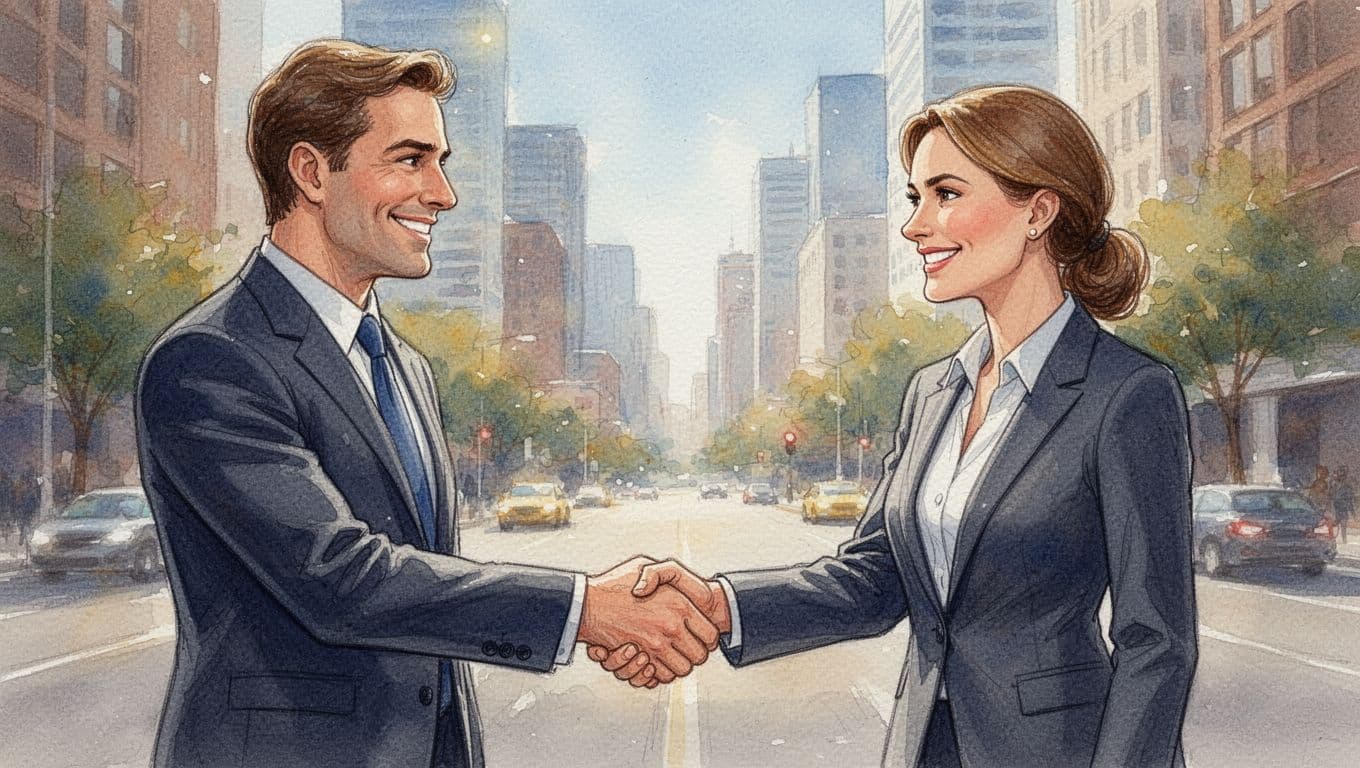 Two North American business professionals—a man and a woman in suits—exchange a firm handshake with direct eye contact and confident smiles on a sunny urban street with blurred skyline, in watercolor style.