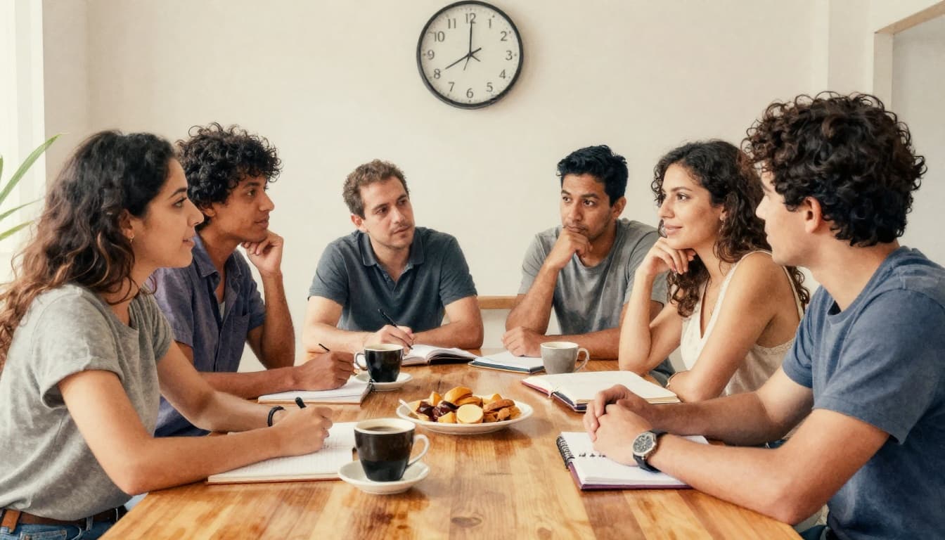 Diverse group of four Latin people chatting animatedly around a wooden table with coffee, snacks, and notebooks, ignoring wall clock 30 minutes past meeting time, in watercolor style with warm lighting.