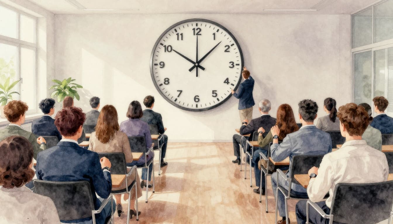 Two business professionals in a modern European office, viewed from behind, check a large wall clock and personal watches before entering a meeting room lined with empty chairs. Watercolor style with soft blending, brush texture, and natural daylight lighting.