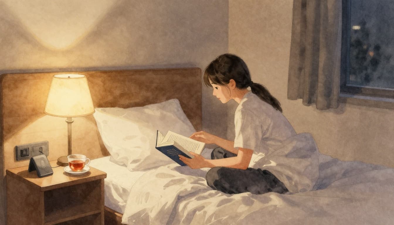 A solo guest relaxes quietly in a cozy hotel room at night, reading a book with tea on the side table under dim lamp light, soft shadows, and watercolor style with warm evening tones. This depicts respectful hotel etiquette for restful nights.