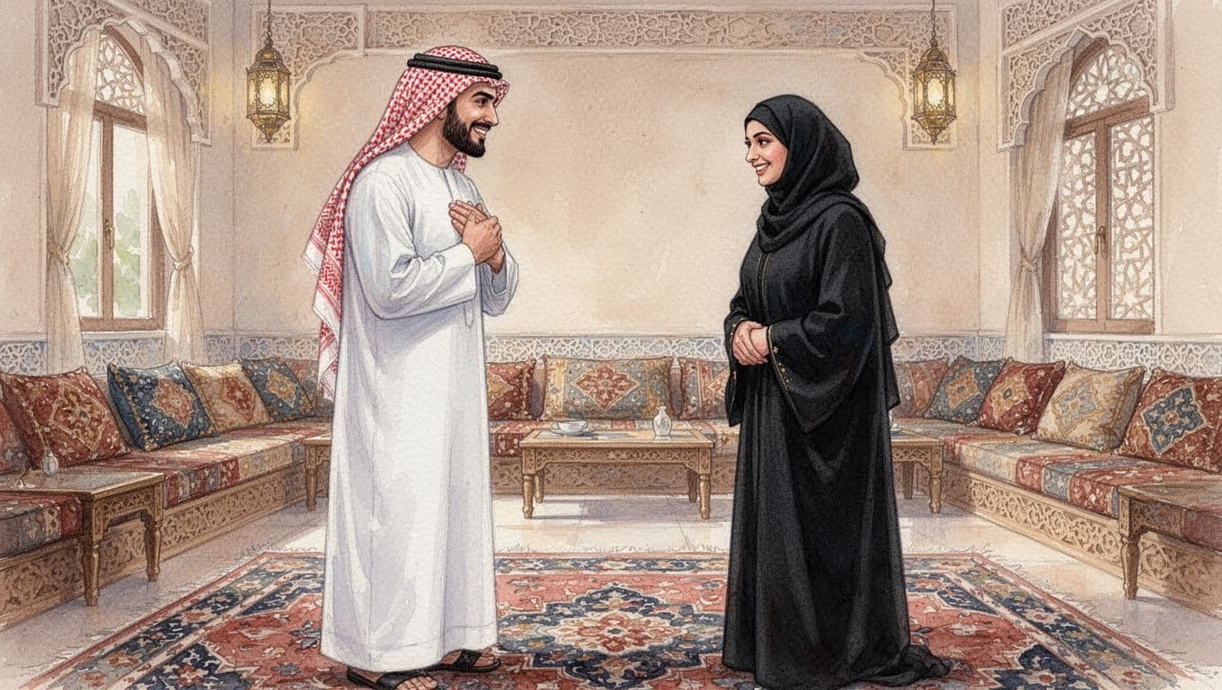 Saudi man in white thobe places right hand over heart and nods respectfully to Saudi woman in black abaya at modest distance, both smiling politely in elegant traditional Arabian home with watercolor style.
