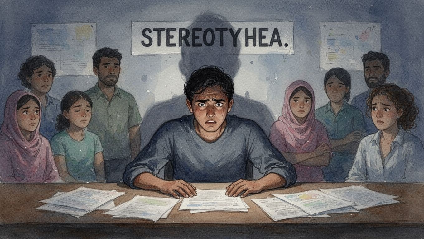 Watercolor illustration of a single person looking stressed at a desk cluttered with papers, with a shadow of a stereotype label above and subtle migrant background hints, featuring soft blending, visible brush texture, and dim lighting for tension.