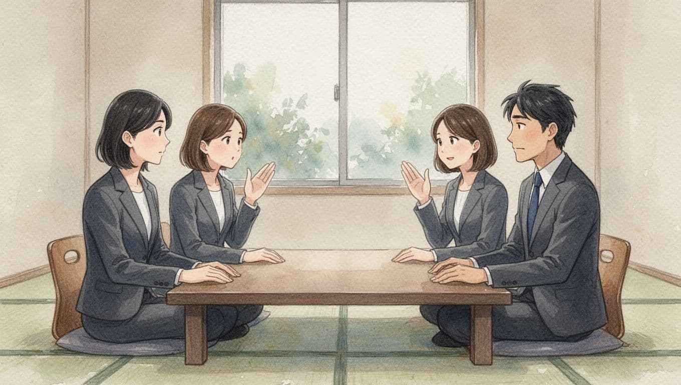 Four Japanese business professionals—two men and two women—seated around a low table in a minimalist room, exchanging glances and nods without words, rendered in watercolor style with pale earth tones and soft gradients.